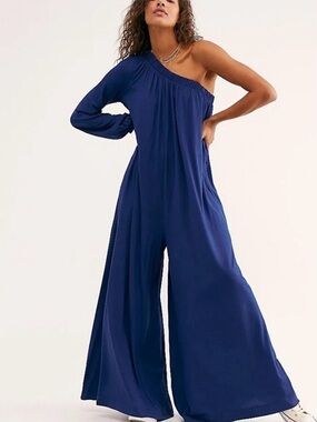 Free People One-Shoulder Wide-Leg Jumpsuit in Bright Blue